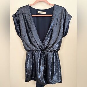 The Impeccable Pig Navy Blue V-neck Sequin Romper Size Medium